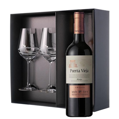 Puerta Vieja Crianza Seleccion 75cl Red Wine And Diamante Venezia Glasses Gift Box Set